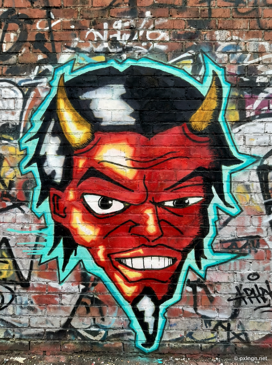 Nachher: Roter Teufelskopf mit goldenen Hörnern als Graffiti auf einer bunten Backsteinwand