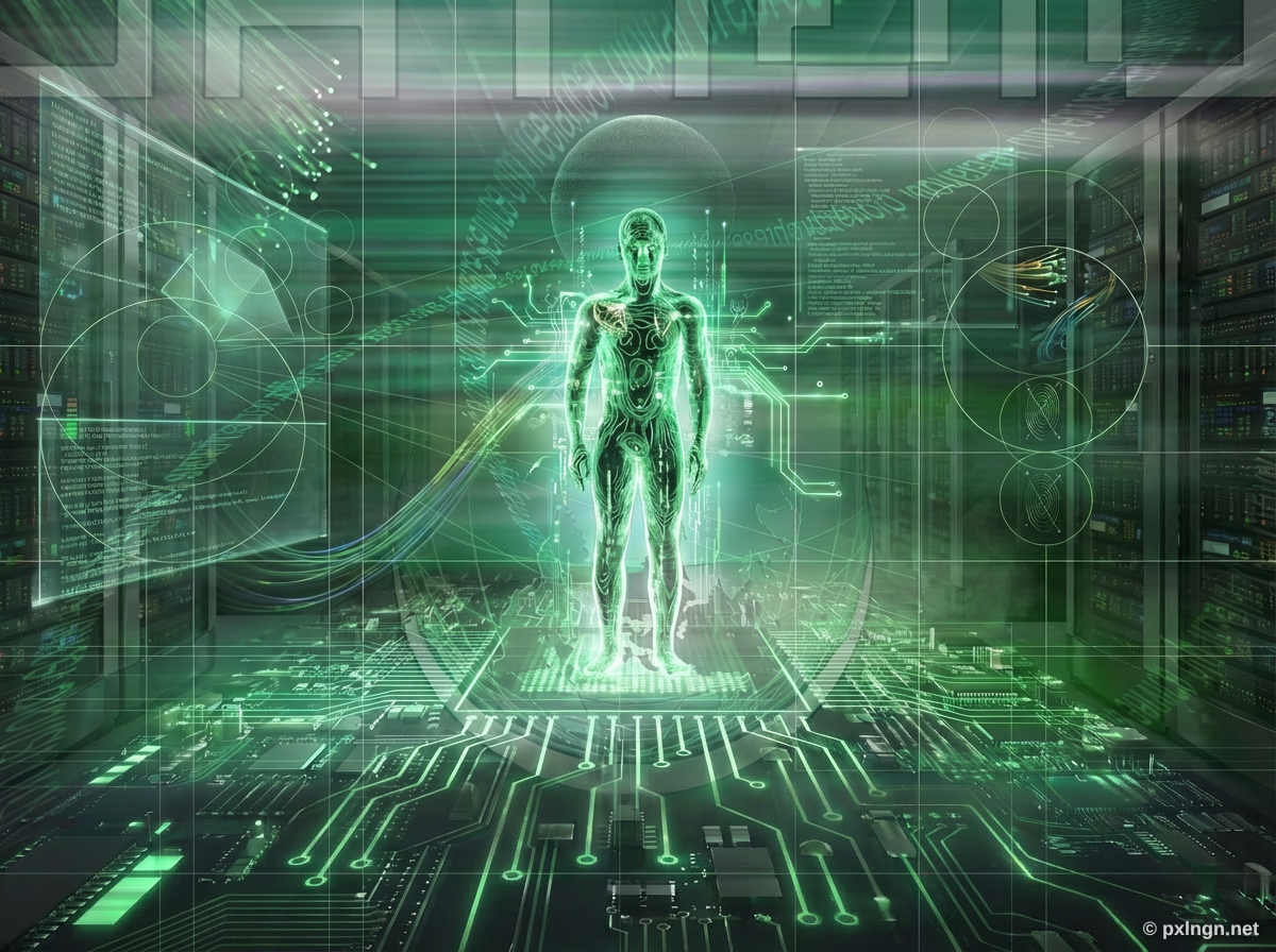 Nachher: Grün leuchtende Menschfigur auf Globus im Datenstrom, transformiert in einen futuristischen Serverraum