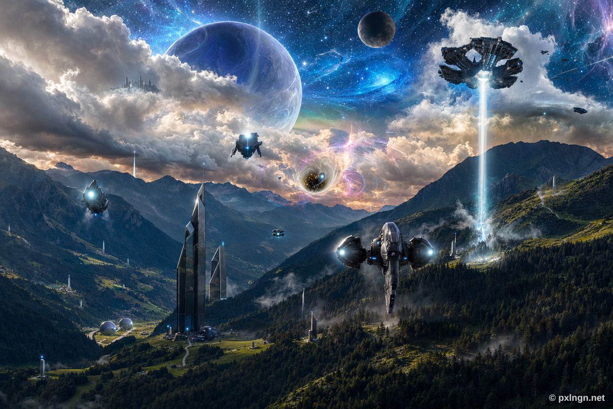Nachher: Alpine Landschaft mit Raumschiffen und futuristischen Türmen