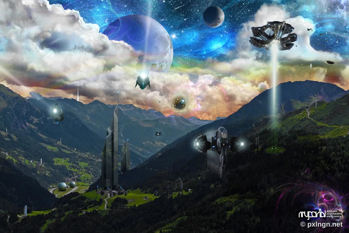 Vorher: Alpine Landschaft mit Raumschiffen und futuristischen Türmen