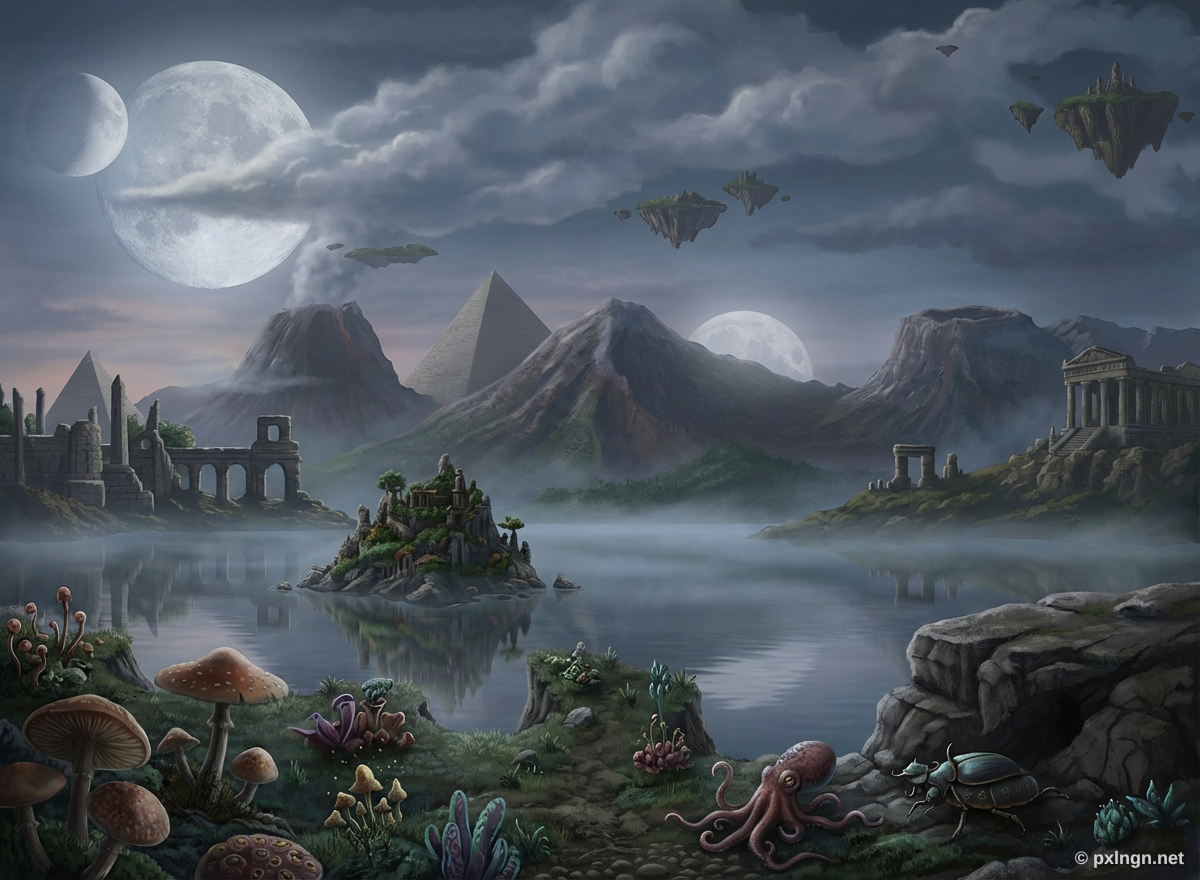 Nachher: Fremde Welt mit drei Monden, Pyramiden, schwebenden Inseln und Fantasy-Fauna am nebligen Seeufer